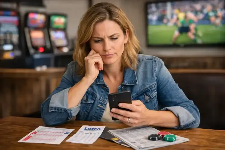 Woman reviewing betting slip, Lotto ticket and mobile betting app in a pub setting, representing legal forms of gambling in Australia.