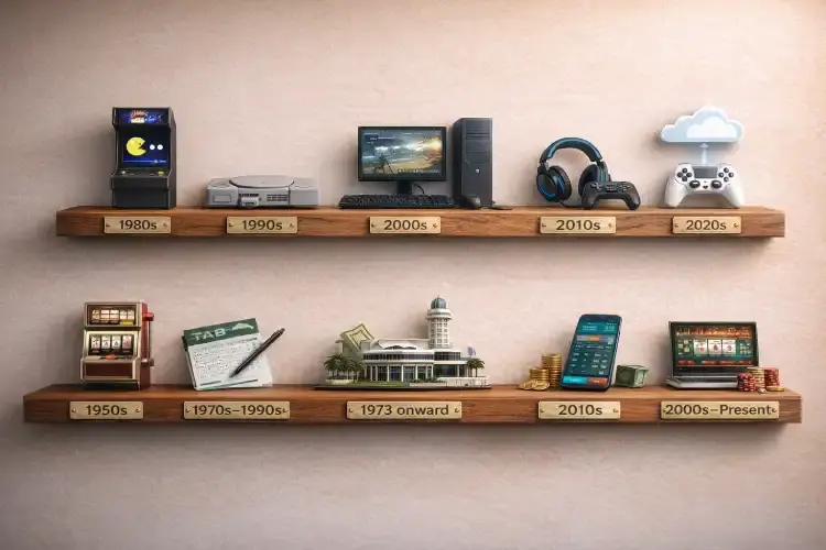 Visual timeline showing the evolution of gaming in Australia from 1950s pokies and retail betting to modern consoles, mobile apps and online platforms.