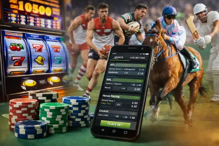 Visual collage of Australia’s gambling industry including pokies, AFL, NRL, horse racing, cricket and a mobile betting app with casino chips.
