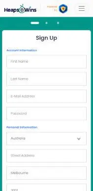 Heaps O Wins Casino sign up screenshot