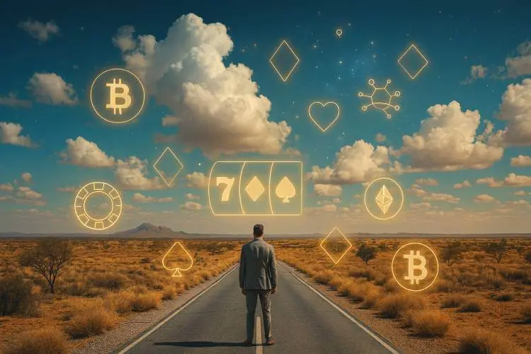 Image of a man on an Australian road at sunrise with casino symbols, symbolizing the future trends and predictions in online gambling, Australia.