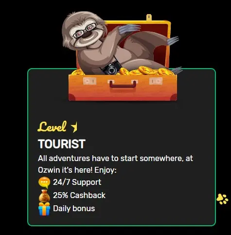 Ozwin Casino loyalty program tourist level screenshot