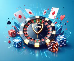 Illustration of a VPN shield icon connected to a laptop displaying online casino games, highlighting access risks.