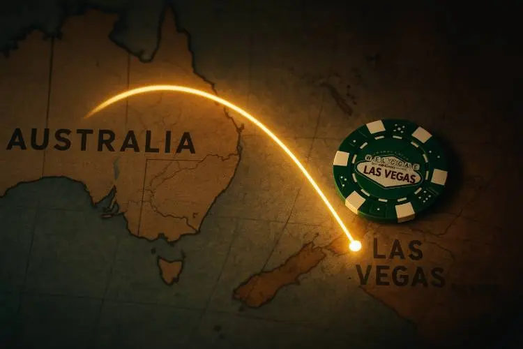 Map showing a glowing connection line from Australia to Las Vegas with a poker chip marking Nevada, symbolising Ainsworth’s licence fallout