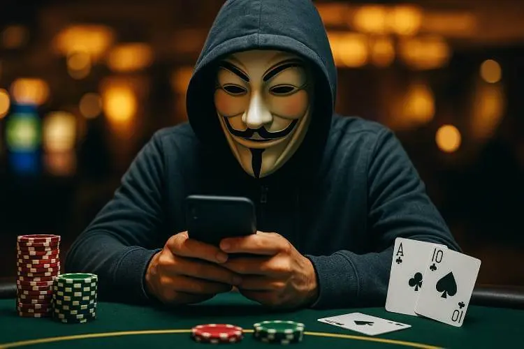 An image of person wearing an anonymous mask and hoodie, playing online casino on a mobile phone.