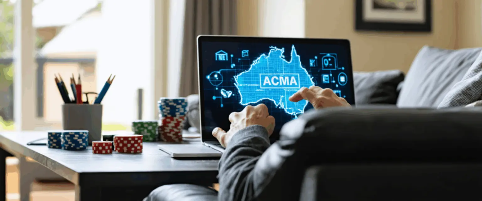 Australian flag with a red "no entry" sign overlays four online casino app icons, symbolizing ACMA gambling crackdown.