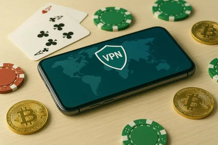 Photo of a smartphone showing a VPN connection surrounded by casino chips, cards, and Bitcoin coins, symbolising global access and secure play at no KYC casinos.
