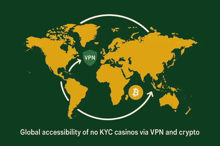 An image showing the global accessbility of no KYC casinos and VPN's.
