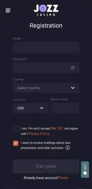 Jozz Casino registration screenshot
