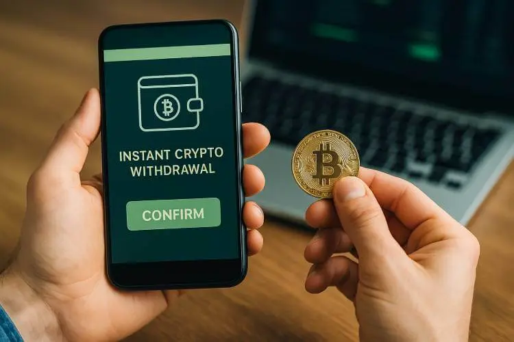 photo of a person holding a smartphone showing a “Withdrawal Complete" at a no KYC casino.