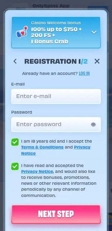 OnlySpinsCasino registration screenshot