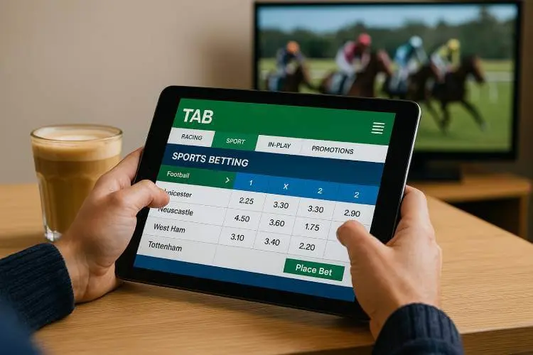 Tabcorp’s TAB online betting platform shown on a tablet, symbolising the company’s strong digital presence as shareholders back CEO Gillon McLachlan’s pay plan.