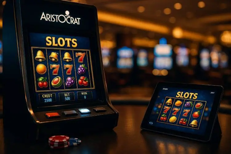 Image showing Aristocrat slot machine set against a world map with glowing lines linking Sydney, London, Las Vegas, and Macau, symbolizing Aristocrat’s global reach across land-based and online casinos.