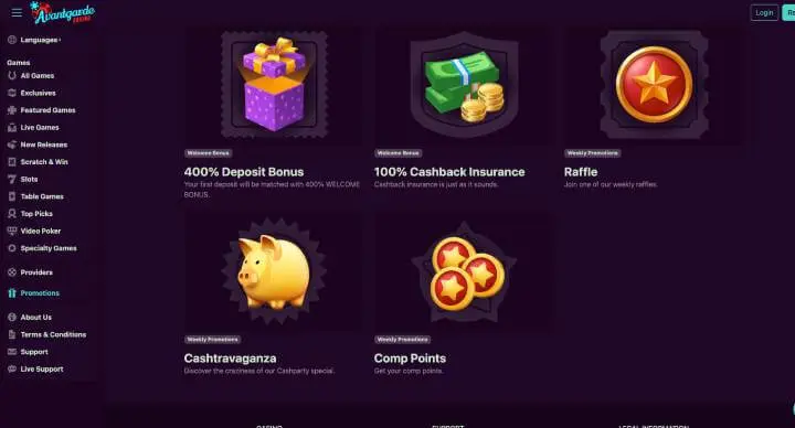 Avantgarde Casino promotions screenshot