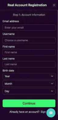 Avantgarde Casino registration screenshot