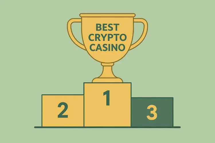 Flat vector podium with a golden trophy labelled Best Crypto Casino, used to illustrate how top crypto casinos are ranked