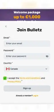 Bulletz Casino mobile signup screenshot