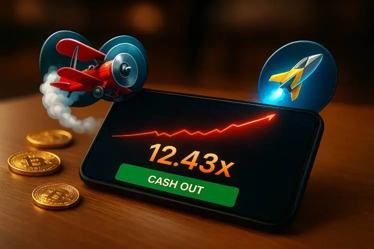 An image of a smartphone lying on a wooden table, displaying a rising crash-game multiplier. A red Aviator-style plane and a JetX-style rocket appear to launch upward from the phone screen, with several cryptocurrency coins scattered on the table.