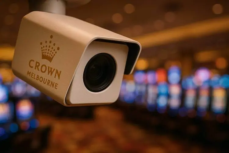 Close-up of a Crown Melbourne security camera overlooking a blurred casino gaming floor.