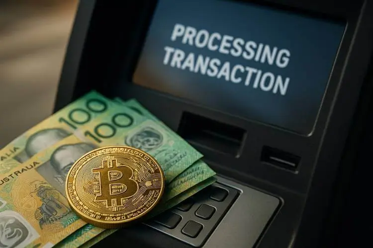 Photo-realistic image showing a Bitcoin coin and Australian hundred-dollar notes placed near a crypto ATM terminal displaying “Processing Transaction,” symbolising AUSTRAC’s crackdown on money-laundering risks linking cash and cryptocurrency.