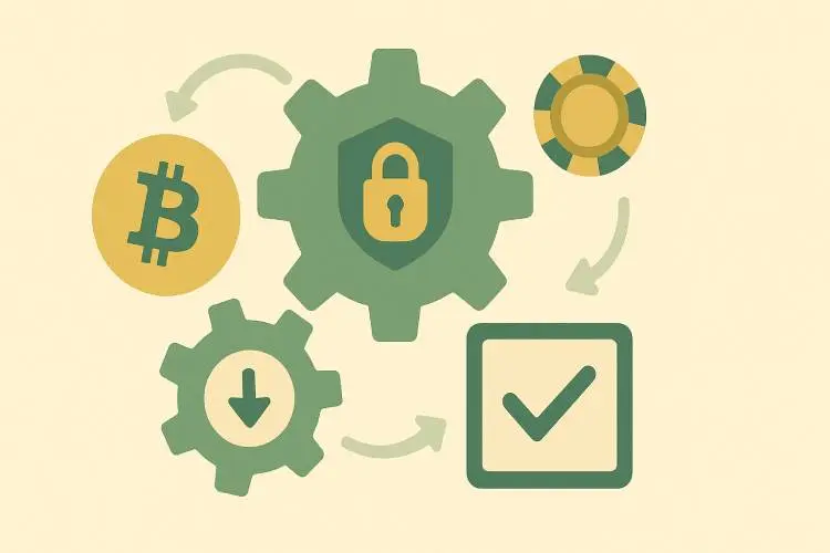 Flat vector illustration of interlocking cogs with Bitcoin, deposit, withdrawal and provably fair symbols representing how crypto casinos work