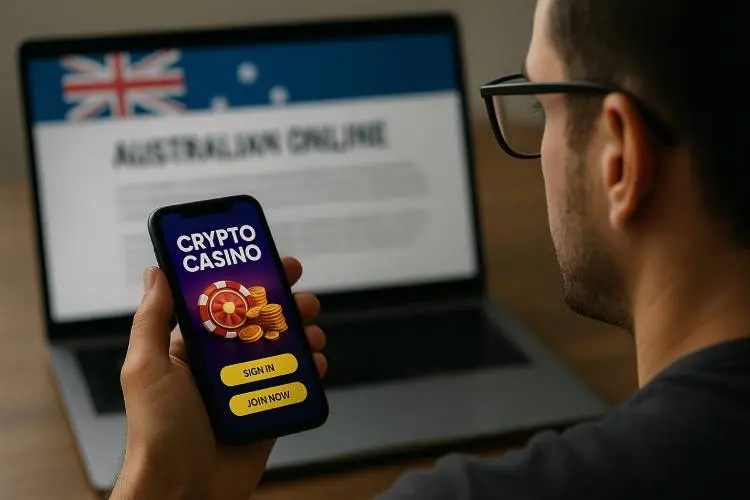 A person holding a smartphone with a crypto casino app open while a blurred Australian online gambling webpage is displayed on a laptop in the background.