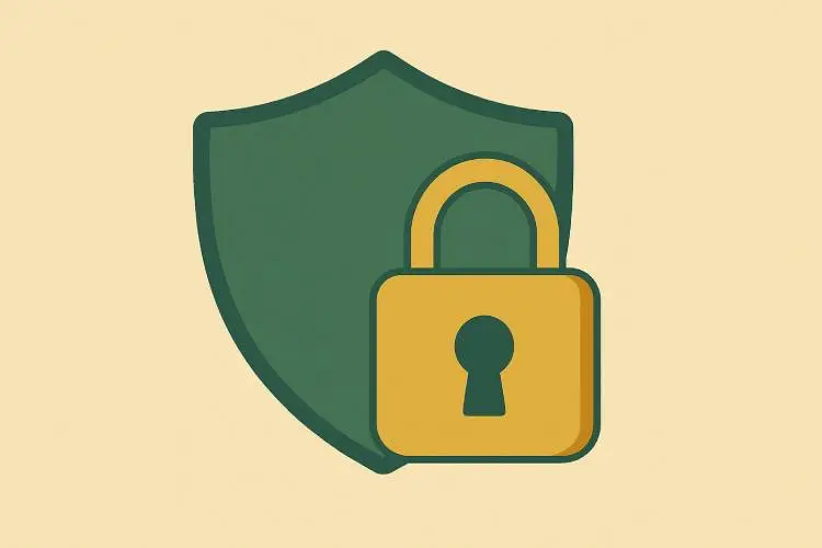 Flat vector illustration of a shield and padlock overlapping to represent security and protection at crypto casinos.