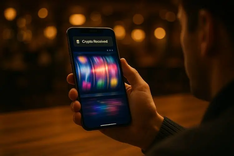A person holding a smartphone showing fast-spinning slot reels with a “Crypto Received” notification, in a warm, casino-style setting.