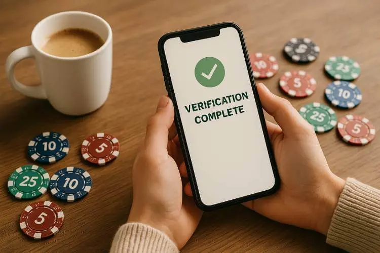 lose-up of hands holding a smartphone showing a ‘Verification Complete’ message beside scattered casino chips and a coffee cup, symbolising fast and paper-free soft KYC verification at online casinos.