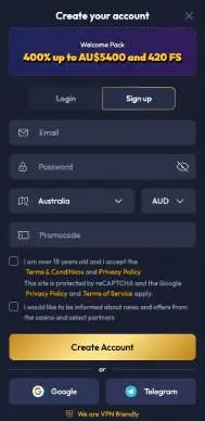 Gangsta Casino registration screenshot