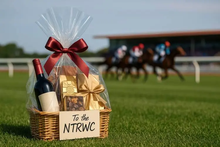 A photo-realistic gift hamper labeled “To the NTRWC” sitting on grass in front of a blurred horse racetrack with jockeys racing in the background.