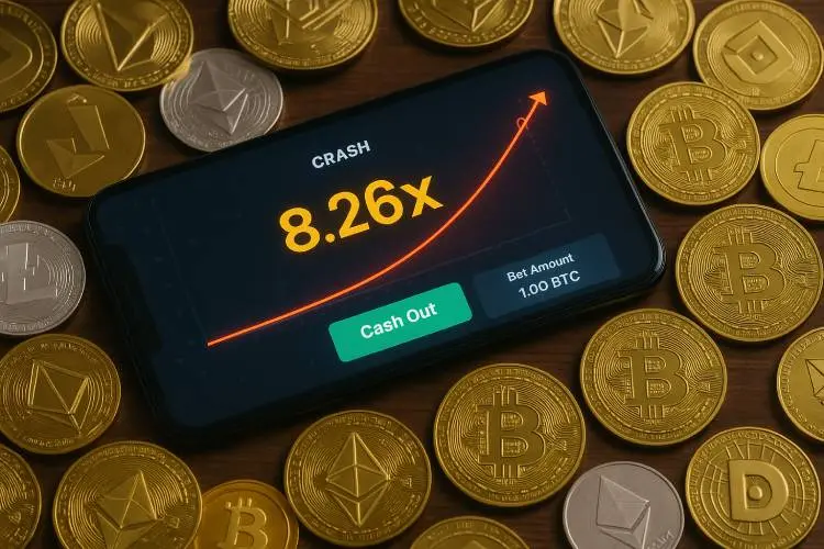 Smartphone showing a casino crash game surrounded by cryptocurrency coins