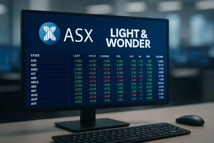 An image of a widescreen trading monitor displaying ASX market data alongside the Light & Wonder logo