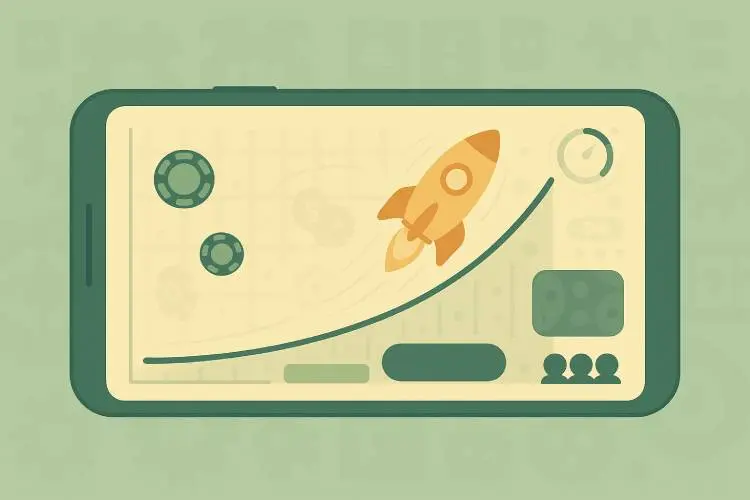 Flat vector illustration of a smartphone showing a crash game with a rising curve and rocket in a clean minimalist style