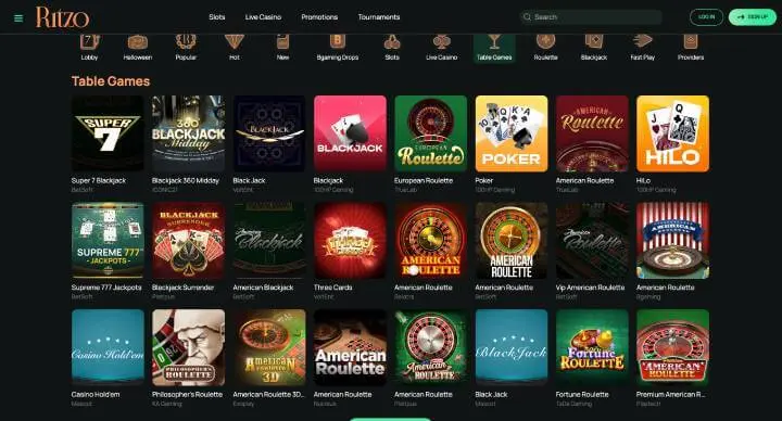 Ritzo Casino table games screenshot