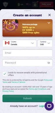 Safe Casino signup screenshot