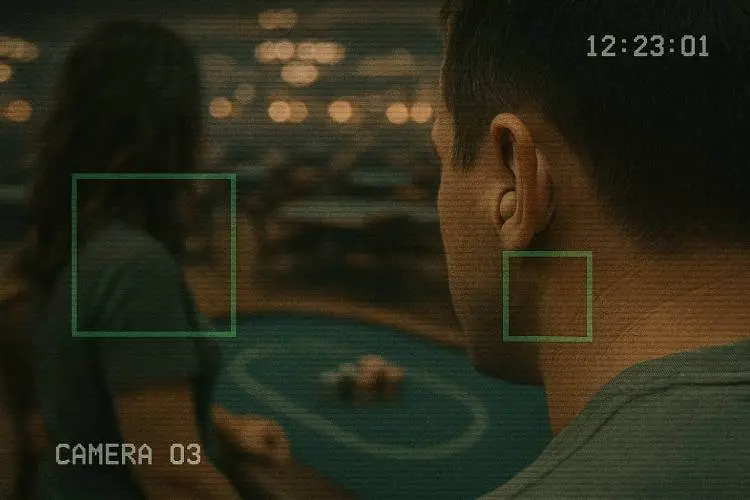 Surveillance-style close-up showing a man wearing a covert earpiece inside a casino, with a blurred woman in the background, representing an Australian casino fraud investigation.