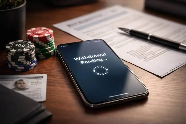 Smartphone showing a casino withdrawal pending during payout review with chips and documents on a desk