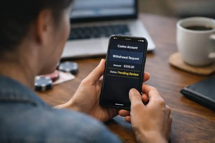 Smartphone showing a casino withdrawal pending status during approval review
