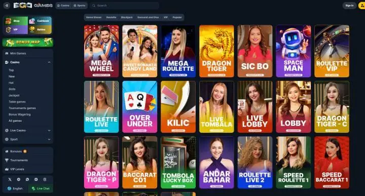 EgoGames Casino live games screenshot