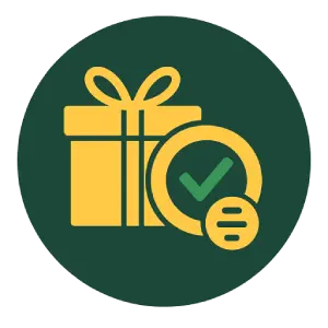 Icon showing a gift box and a checkmark badge, representing fair welcome bonuses.