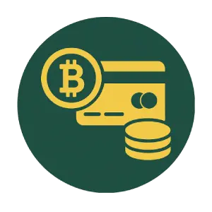 Icon showing a Bitcoin symbol, credit card, and coin stack, representing fast and reliable payment methods.