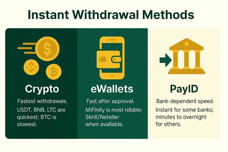 nfographic showing three instant withdrawal methods for Australian online casinos: Crypto (USDT, BNB, LTC as fastest; BTC slower), eWallets (MiFinity, Skrill, Neteller), and PayID with bank-dependent speed. Styled in CasinosHub green and gold colour palette.