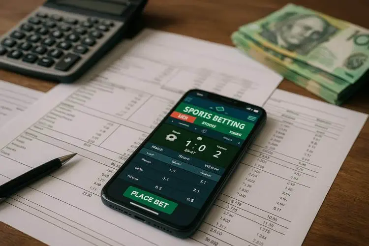 Financial papers, Australian cash, and a smartphone with a betting app displayed, illustrating the money trail central to the landmark case against betting agencies in Australia.