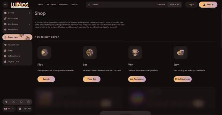 Ludios Casino bonus shop screenshot