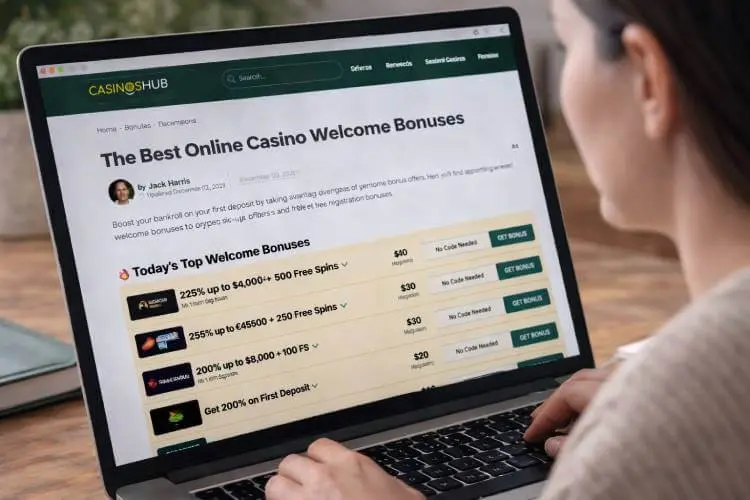 Close-up of a woman viewing online casino welcome bonuses on a laptop screen at home