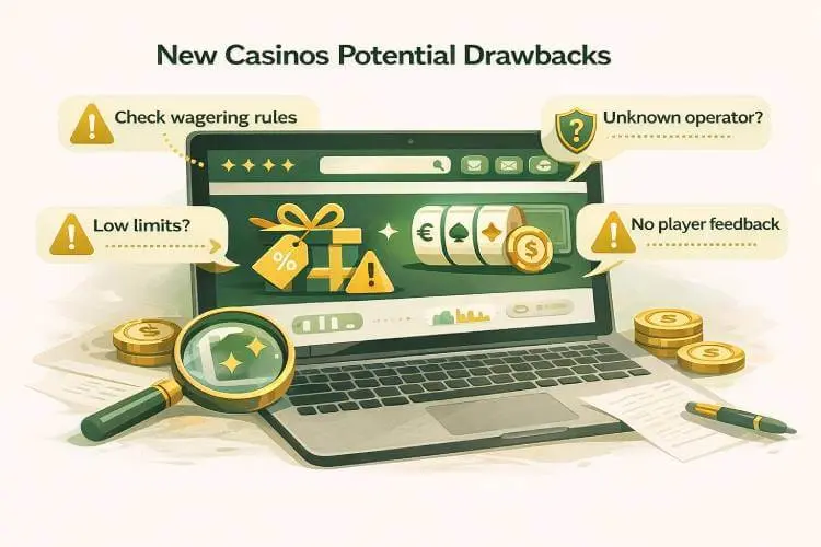 Illustration showing a casino website on a laptop screen with warning icons highlighting potential drawbacks of new online casinos, including unclear wagering rules, low limits, unknown operators, and lack of player feedback.