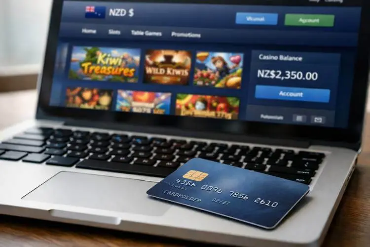 Credit card resting on a laptop showing a New Zealand online casino interface, illustrating the upcoming ban on credit card gambling deposits