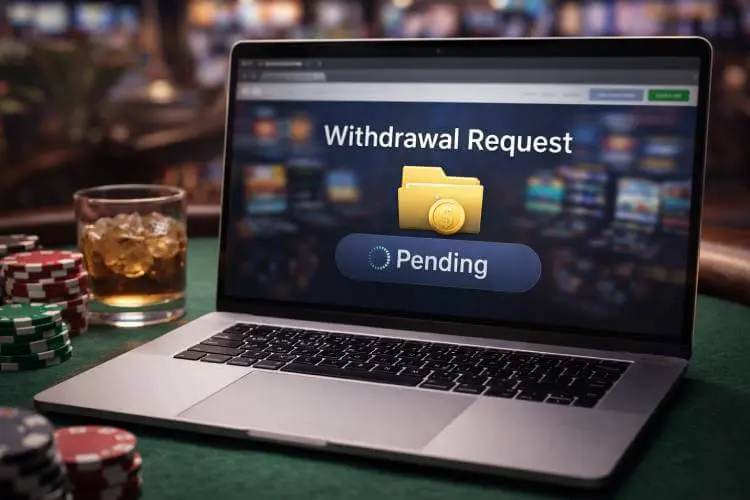 Online casino withdrawal pending displayed on a laptop with casino chips in the background
