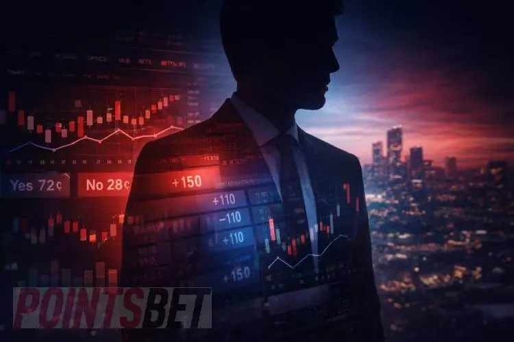 Silhouette of a businessman against a city skyline with sports betting charts and odds overlaid, symbolising leadership change and market direction at a major sportsbook operator.